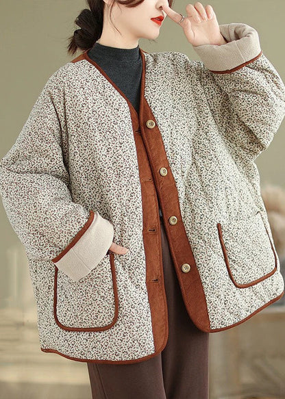 Manteau polaire chaud en patchwork avec poches à imprimé abricot ample pour l'hiver QG043