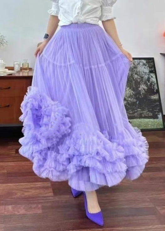 Loose Apricot Ruffled Elastic Waist Tulle Skirts Summer Ada Fashion