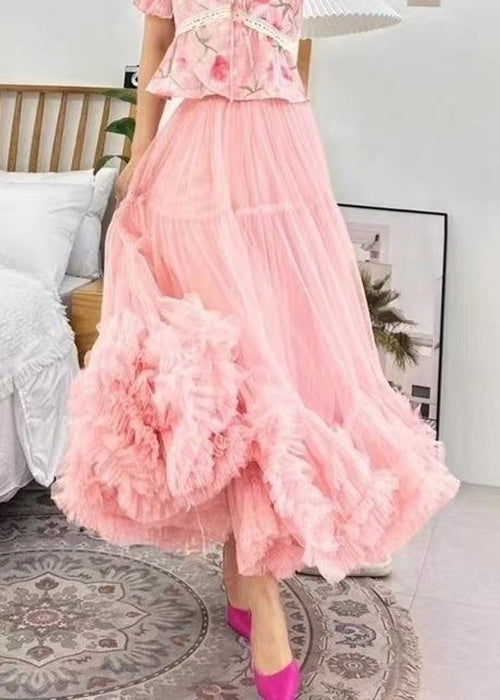 Loose Apricot Ruffled Elastic Waist Tulle Skirts Summer Ada Fashion