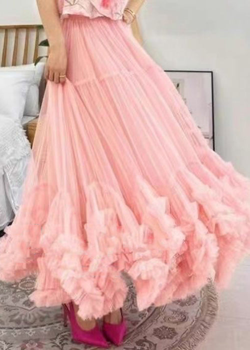 Loose Apricot Ruffled Elastic Waist Tulle Skirts Summer Ada Fashion