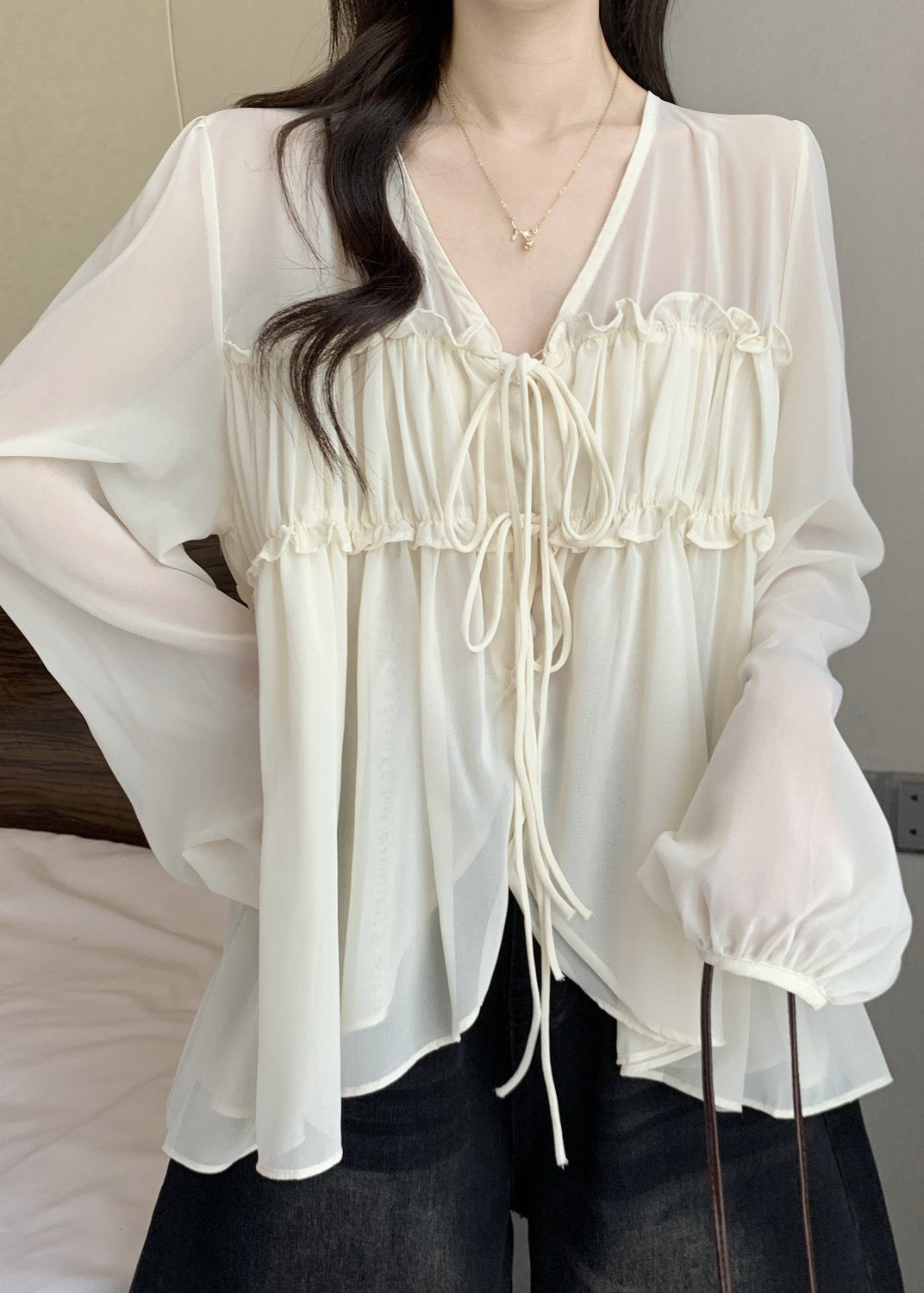 Loose Chiffon Ruffled Fall V Shirt Apricot Neck