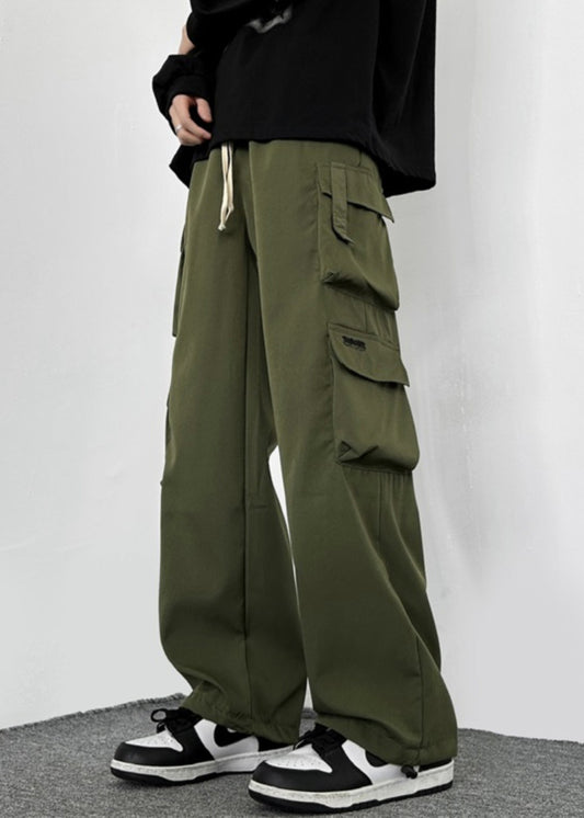 Pantalon décontracté en coton vert avec cordon de serrage et poches pour homme