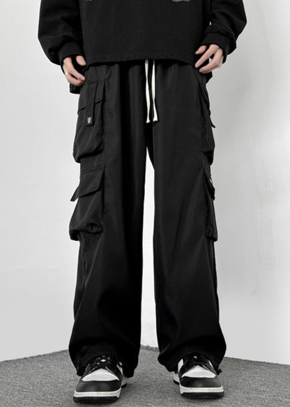 Pantalon décontracté en coton vert avec cordon de serrage et poches pour homme