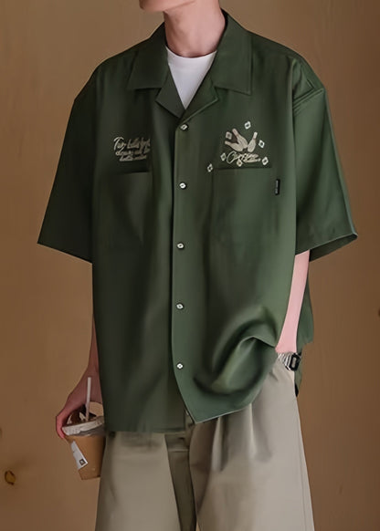 Hemden Armee Halbarm Grün Eis Männer Taschen Lose Druck Seide