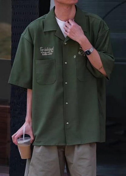 Hemden Armee Halbarm Grün Eis Männer Taschen Lose Druck Seide