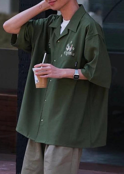 Hemden Armee Halbarm Grün Eis Männer Taschen Lose Druck Seide