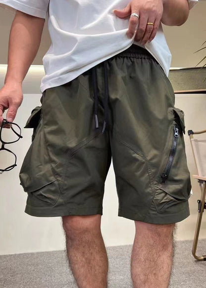 Green Zip Shorts Cotton Loose Up Mens Elastic Pockets Army Waist