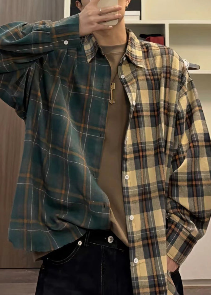 Herren Button Plaid Baumwolle Hemden Frühling Lose Asymmetrische