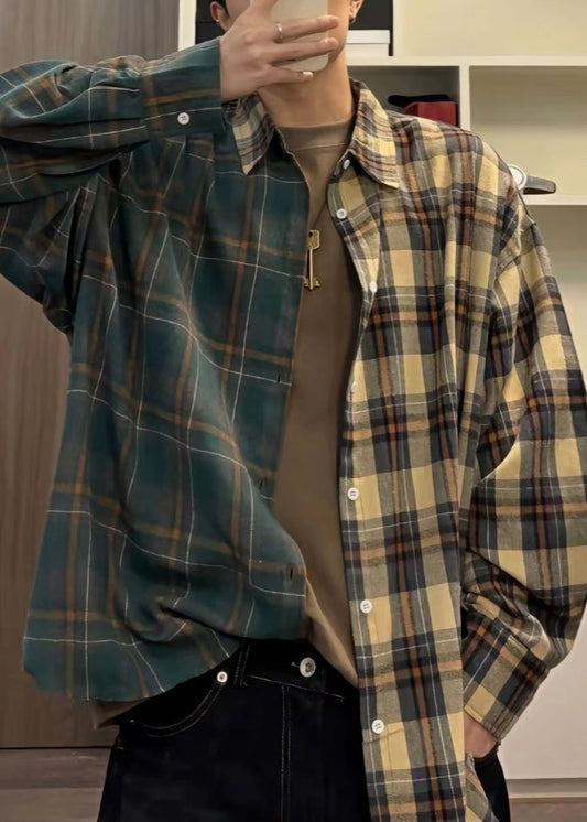 Herren Button Plaid Baumwolle Hemden Frühling Lose Asymmetrische