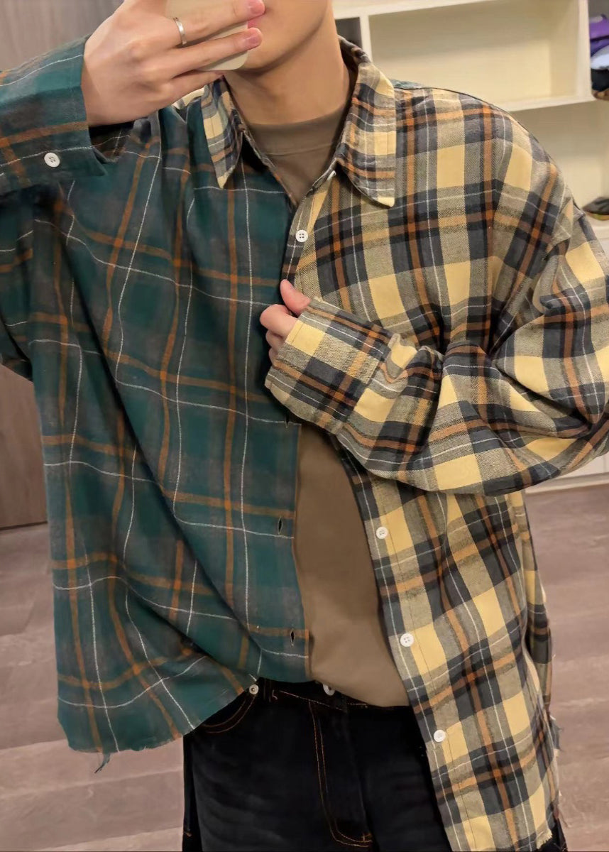 Herren Button Plaid Baumwolle Hemden Frühling Lose Asymmetrische