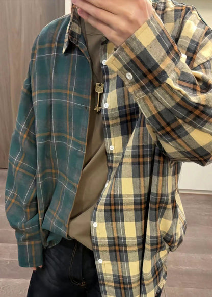 Herren Button Plaid Baumwolle Hemden Frühling Lose Asymmetrische