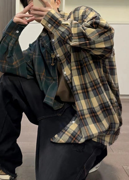 Herren Button Plaid Baumwolle Hemden Frühling Lose Asymmetrische