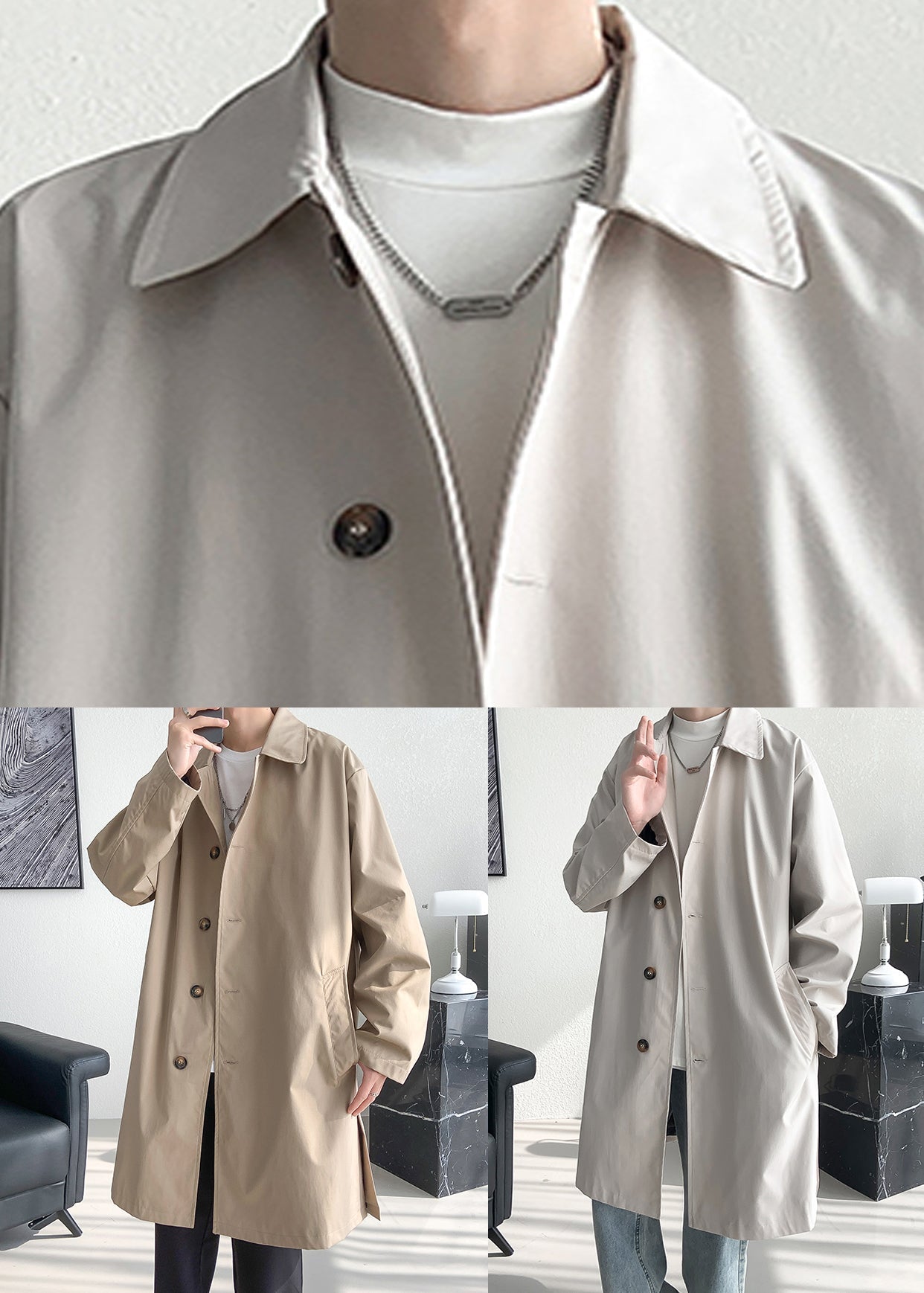 Manteau ample beige en coton pour homme, poches boutonnées, ouverture latérale, printemps YQ008