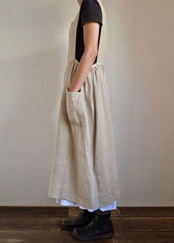 Loose Beige Pockets High Waist Linen Dress Sleeveless FF040