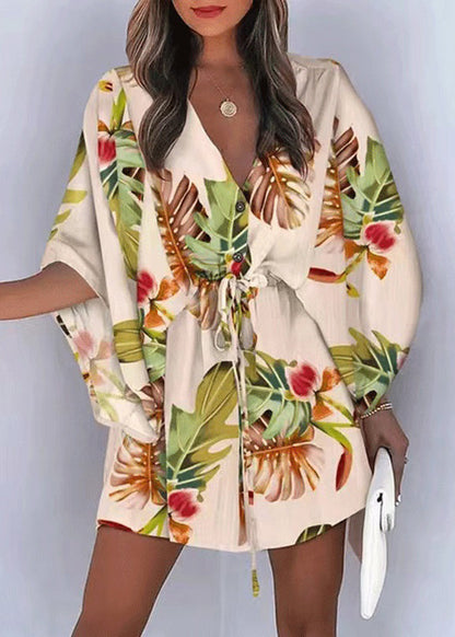 Spitzenkleider Lose Baumwolle Ärmel Beige Print Up Batwing Mid
