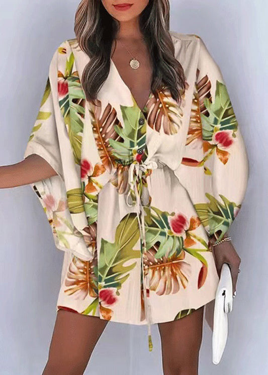 Spitzenkleider Lose Baumwolle Ärmel Beige Print Up Batwing Mid