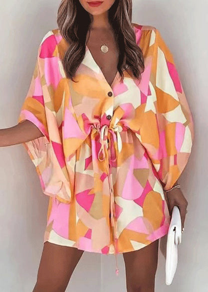 Spitzenkleider Lose Baumwolle Ärmel Beige Print Up Batwing Mid