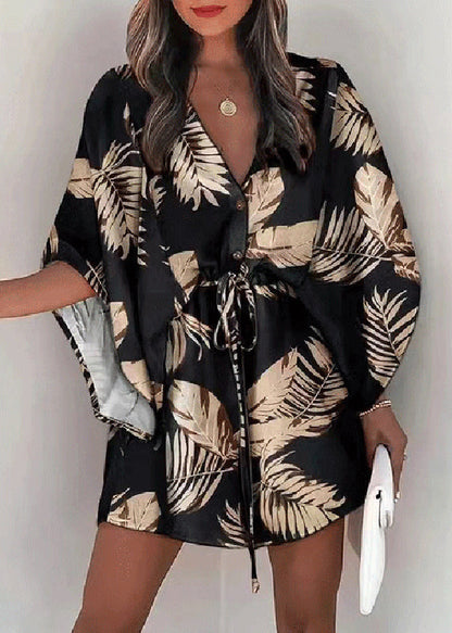 Spitzenkleider Lose Baumwolle Ärmel Beige Print Up Batwing Mid