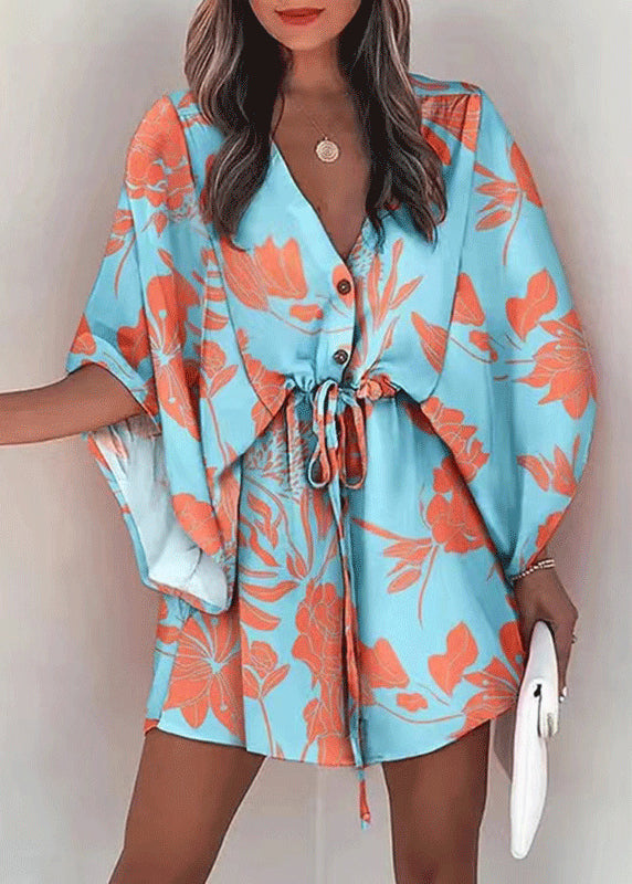 Spitzenkleider Lose Baumwolle Ärmel Beige Print Up Batwing Mid