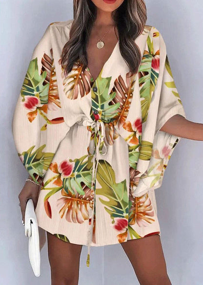 Spitzenkleider Lose Baumwolle Ärmel Beige Print Up Batwing Mid