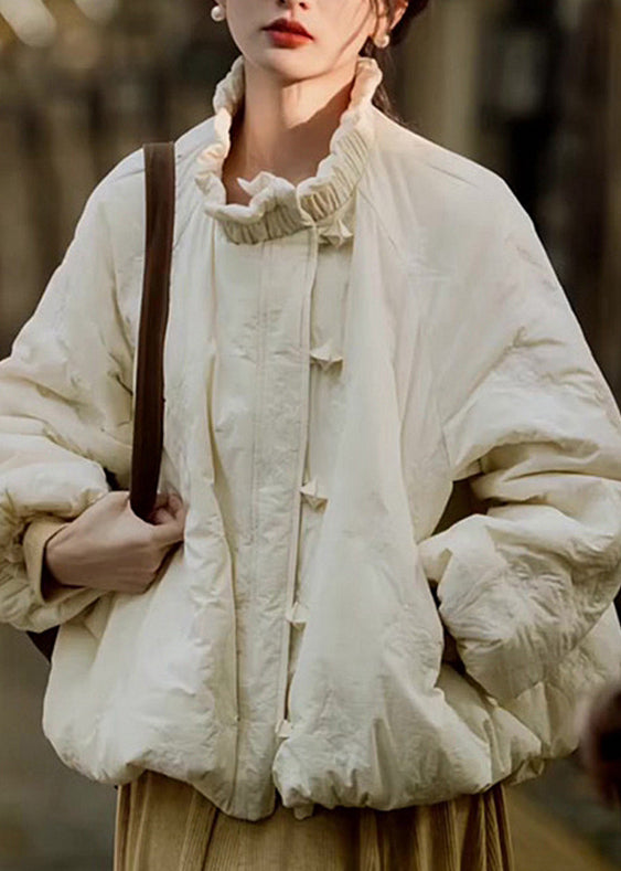 Manteau ample beige à poches à volants et manches lanternes en coton fin YZ023