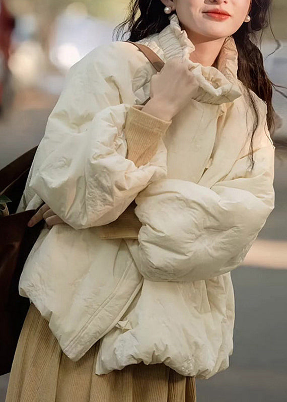 Manteau ample beige à poches à volants et manches lanternes en coton fin YZ023