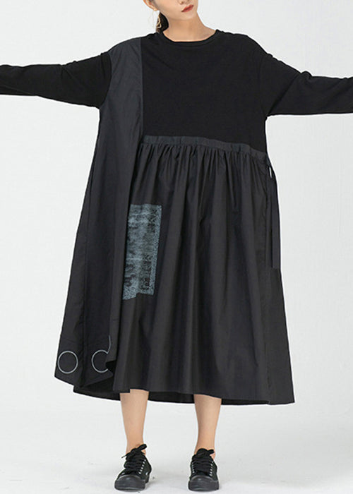 Loose Black Asymmetrical Print Cotton Dress Long Sleeve AA1010