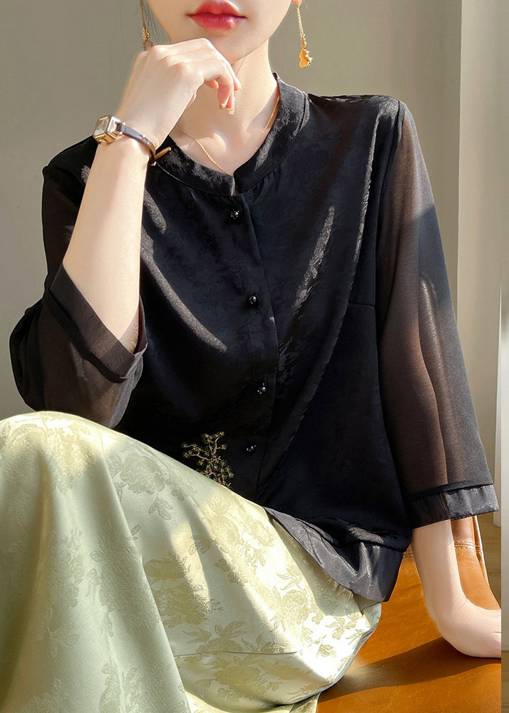 Loose Black Embroidered Button Silk Shirts Bracelet Sleeve AB1039