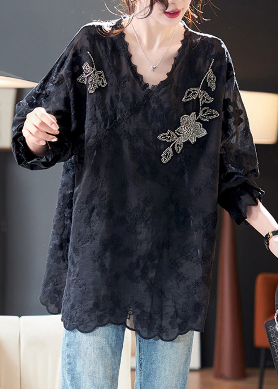 Loose Black Embroidered Nail Bead Silk Cotton Top Spring QA1007 Ada Fashion