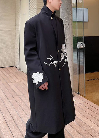 Loose Black Embroideried Button Spandex Men Long Trench Coat Fall RO029