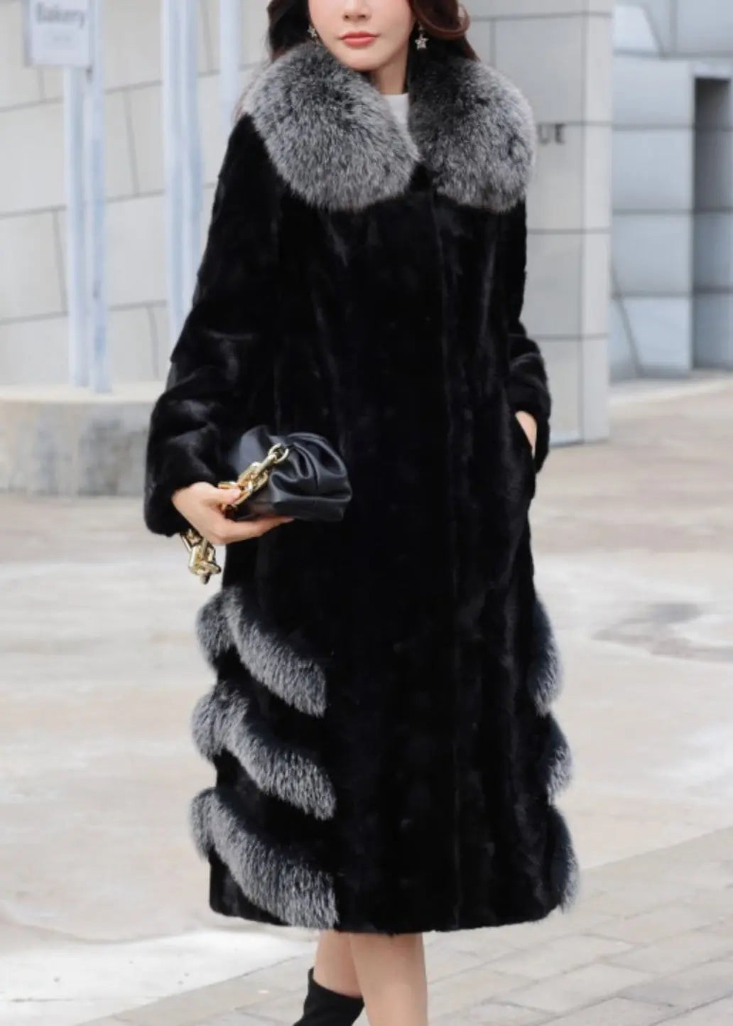 Loose Black Fox Collar Pockets Mink Hair Leather And Fur Long Coats Winter Ada Fashion