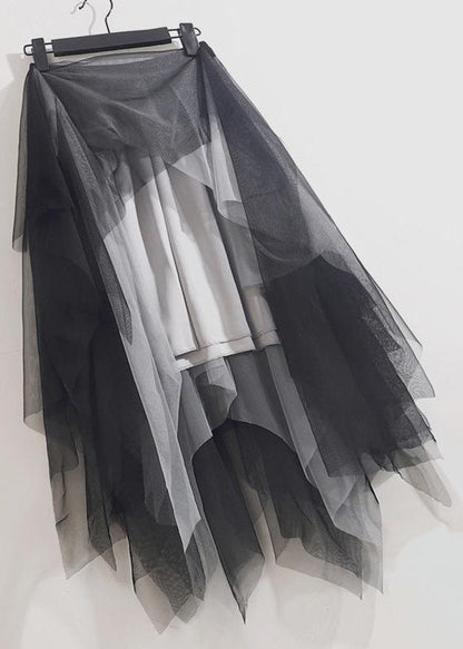 Loose Black Grey Asymmetrical Wrinkled Tulle Skirts Summer Ada Fashion