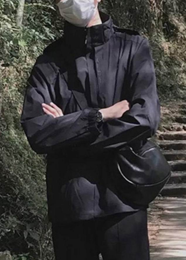 Manteau de printemps ample à capuche en coton noir pour homme