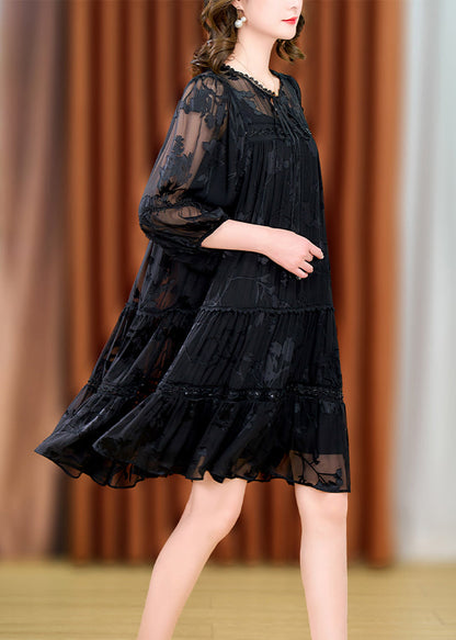 Loose Black Lace Up Lace Patchwork Silk Two Pieces Set Bracelet Sleeve OP1005