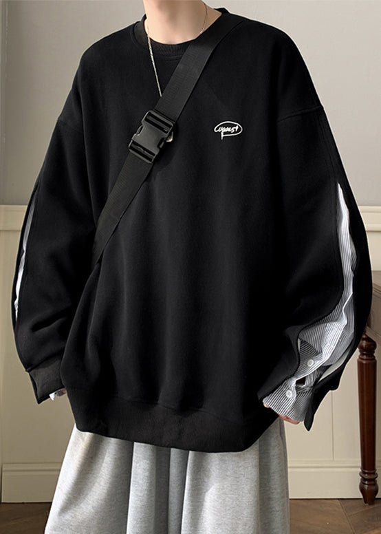 Men Loose Neck False Pieces Cotton O Two Black Sweatshirt Button