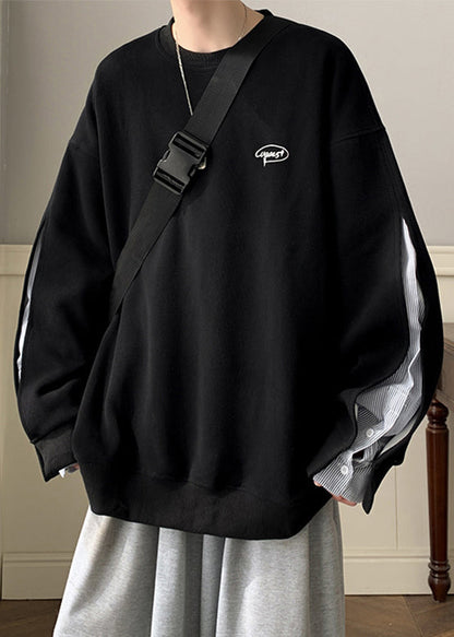 Men Loose Neck False Pieces Cotton O Two Black Sweatshirt Button