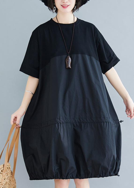 Loose Black O Neck Drawstring Patchwork Cotton Dresses Summer AP081