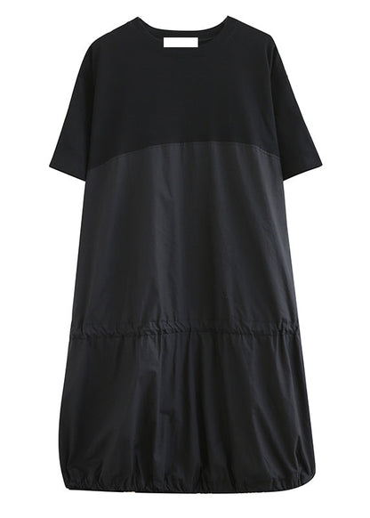 Robe ample en coton noir à col rond et cordon de serrage pour l'été AP081