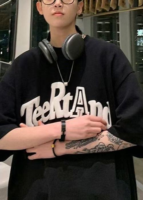 Lose OT Schwarz Baumwolle Hals Solide Hemd Brief Männer Halbe