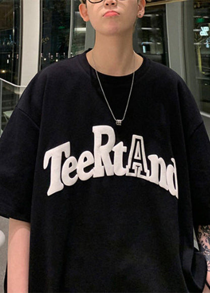 Loose O T Black Cotton Neck Solid Shirt Letter Men Half Sleeve