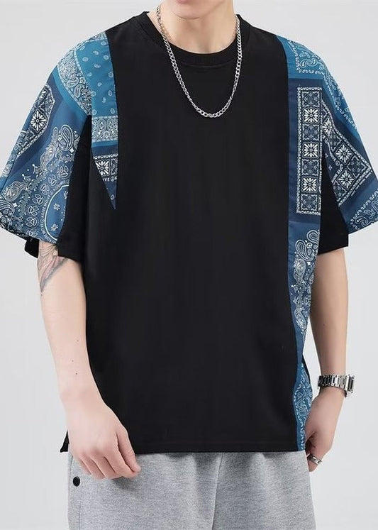 Black Shirt Mens Loose O Neck Summer Patchwork T Cotton