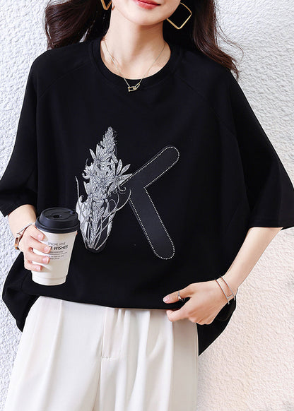Loose Shirt O-Neck Half Black Print T Sleeve Cotton