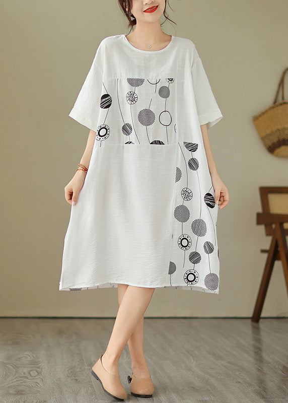 Loose Black O-Neck Print Holiday Long Dress Short Sleeve GH1007