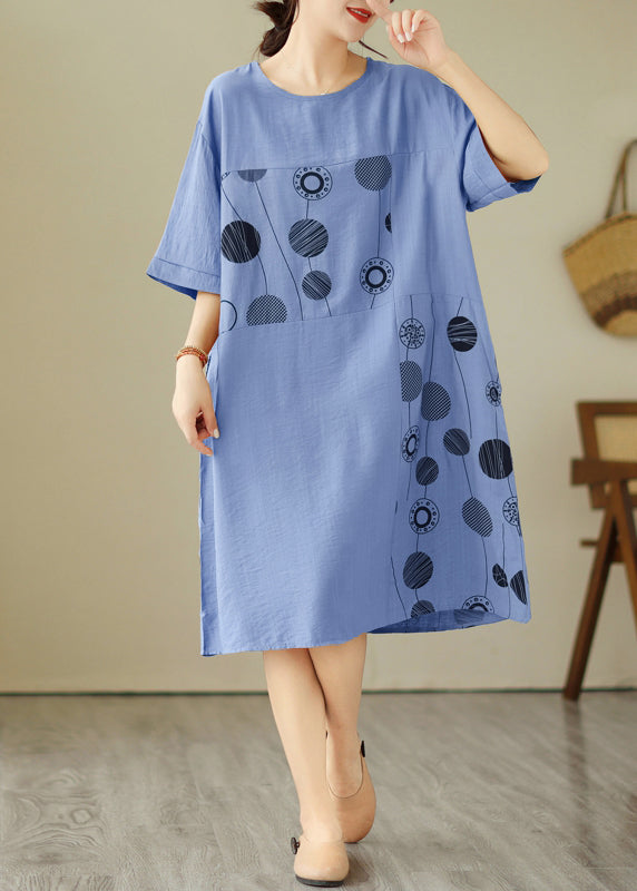 Loose Black O-Neck Print Holiday Long Dress Short Sleeve GH1007