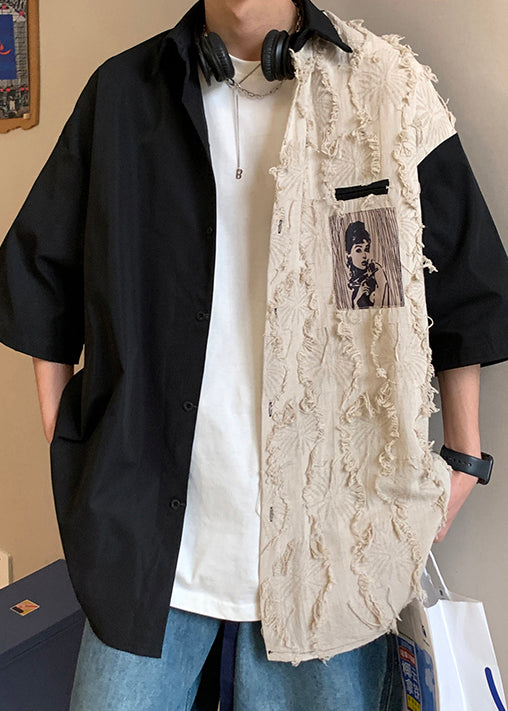 Design Half Loose Patchwork Cotton Black Shirts Original Men