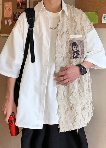 Chemises noires en coton patchwork à demi-amples pour hommes