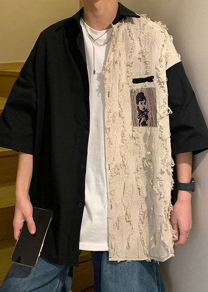 Chemises noires en coton patchwork à demi-amples pour hommes