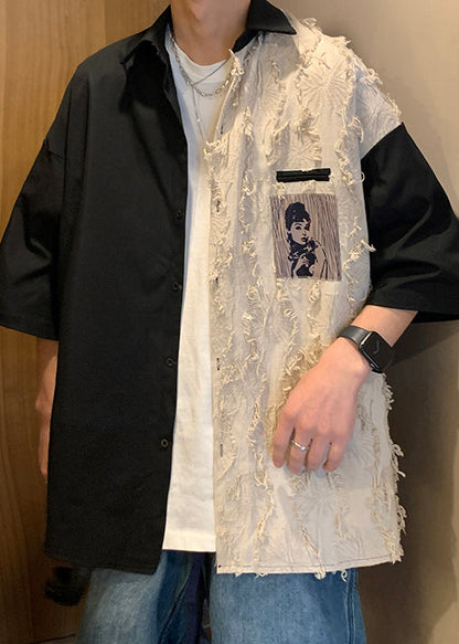 Chemises noires en coton patchwork à demi-amples pour hommes