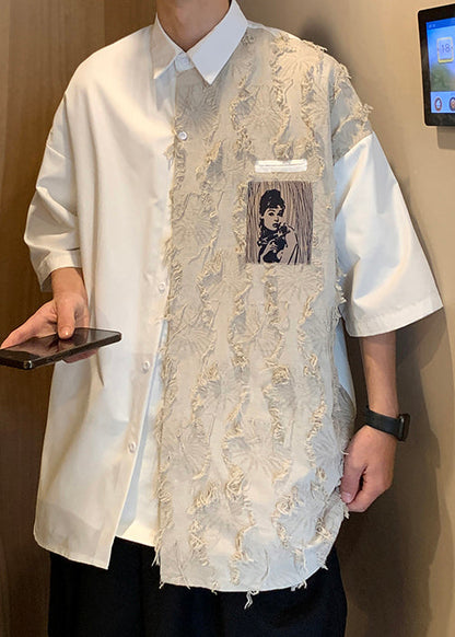 Chemises noires en coton patchwork à demi-amples pour hommes