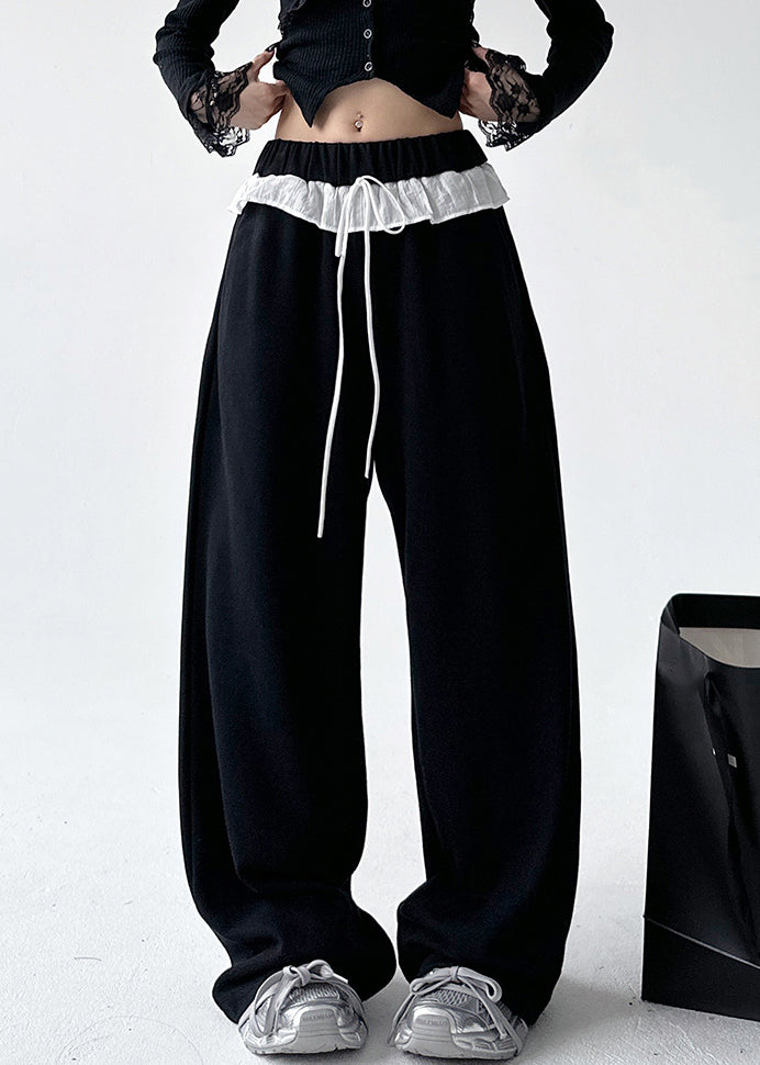 Loose Black Patchwork Tie Waist Straight Pants Spring TA064